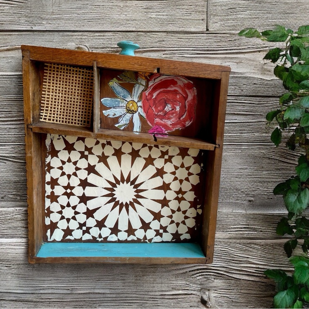 Antique Wooden Wall Shelf with Floral Design - Brown, Red, Blue